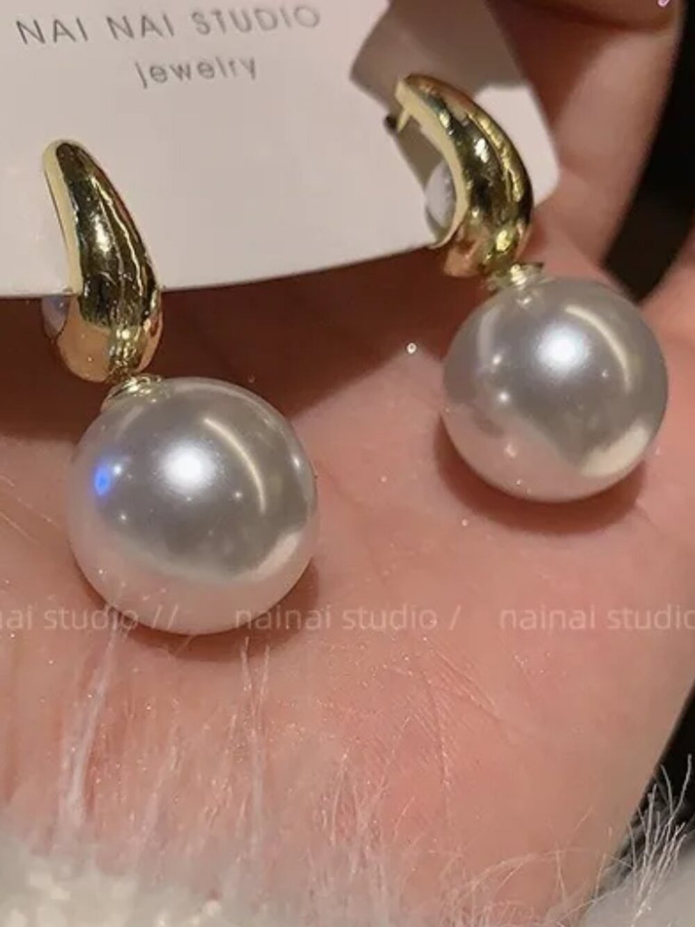 Chunky Gold Hoop Earrings with925 Sterling Silver Posts & Artificial Pearl Inlay